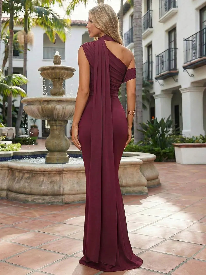 One Shoulder Formal Evening Gown – Elegant Ruched Maxi Dress