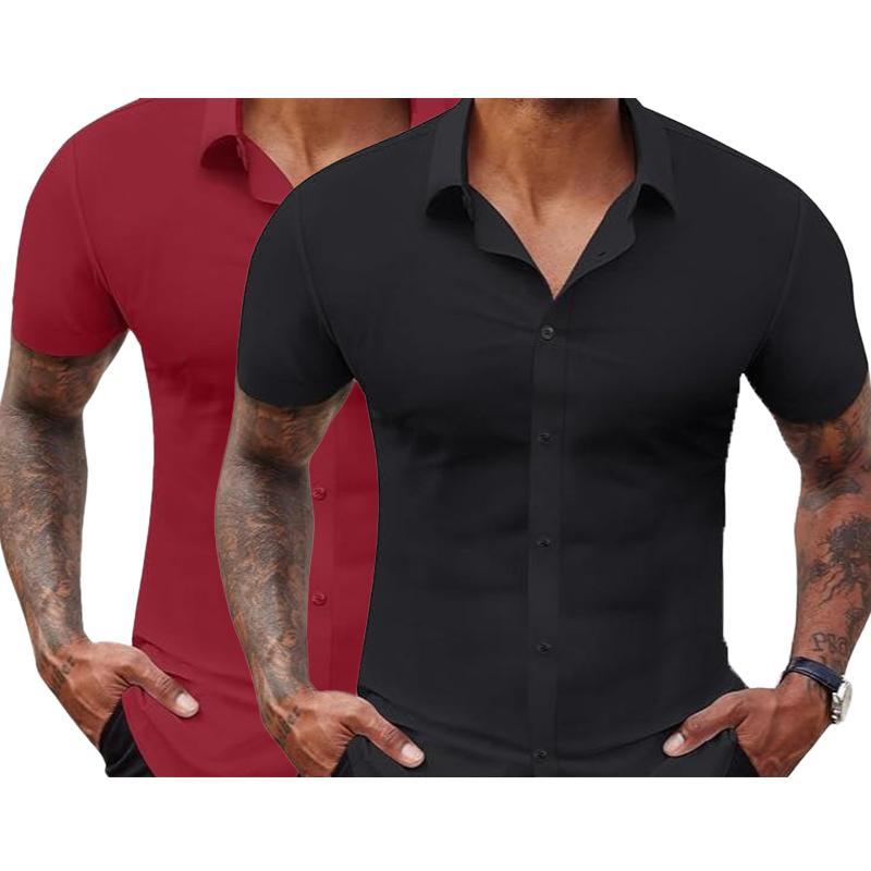 2-Pack Men's Stretch Slim Fit Short Sleeve Dress Shirts